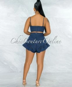 Vendor-unknown JUST IN Aspen Dark Denim Crop Top & Ruffle Shorts Set
