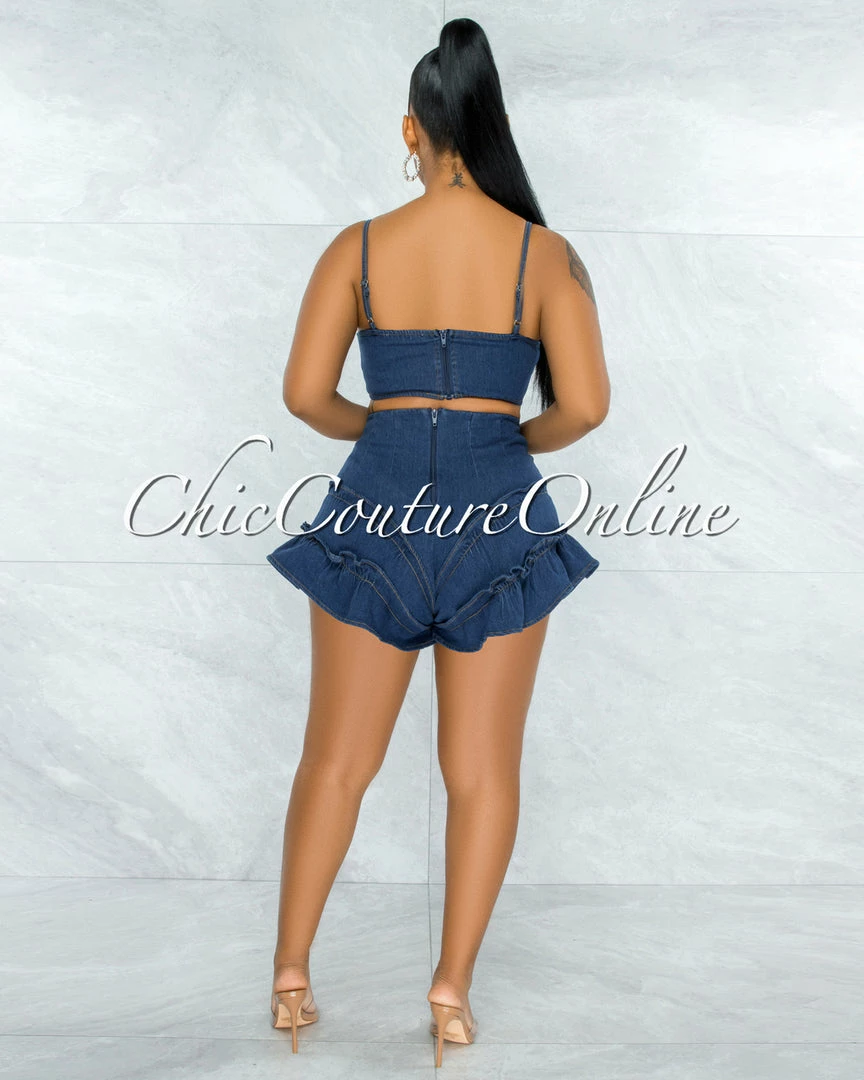 Vendor-unknown JUST IN Aspen Dark Denim Crop Top & Ruffle Shorts Set
