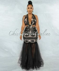 Vendor-unknown JUST IN Janeiro Black Embroidery Nude Illusion Tulle Mermaid Dress