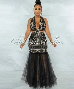 Vendor-unknown JUST IN Janeiro Black Embroidery Nude Illusion Tulle Mermaid Dress