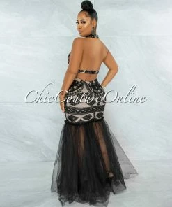 Vendor-unknown JUST IN Janeiro Black Embroidery Nude Illusion Tulle Mermaid Dress