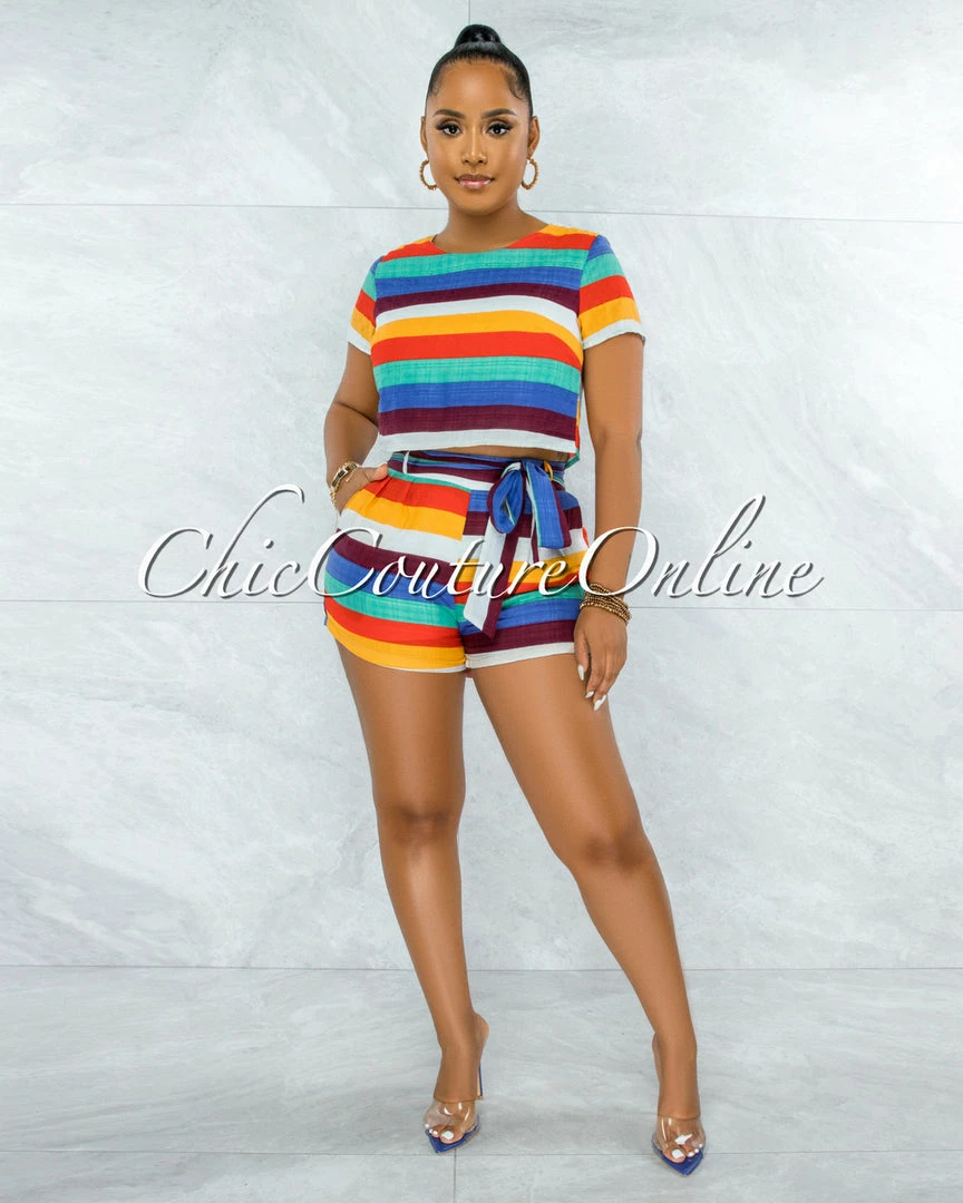 Vendor-unknown JUST IN Brice Multi-Color Stripes Crop Top & Shorts Set