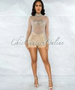 Vendor-unknown Gemma Nude Mesh Iridescent Rhinestones Romper