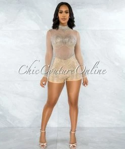 Vendor-unknown Gemma Nude Mesh Iridescent Rhinestones Romper
