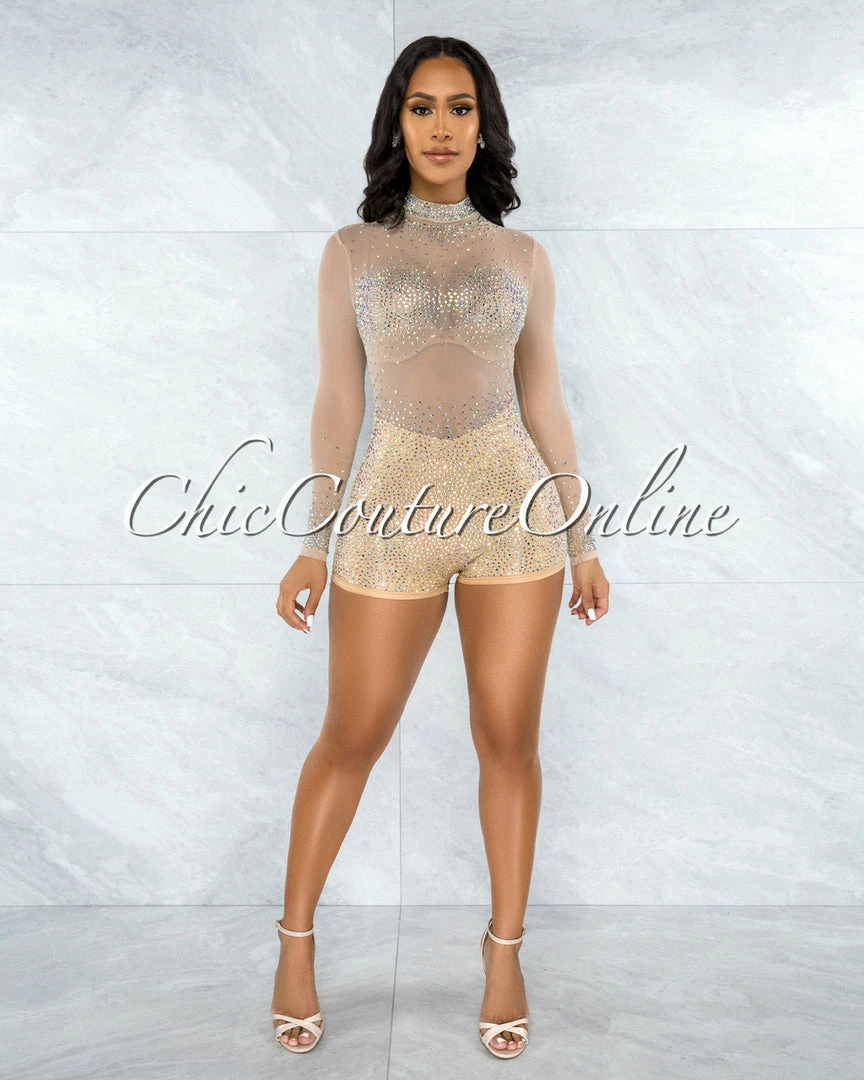 Vendor-unknown Gemma Nude Mesh Iridescent Rhinestones Romper