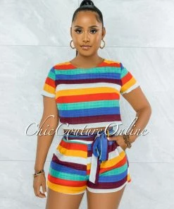 Vendor-unknown JUST IN Brice Multi-Color Stripes Crop Top & Shorts Set