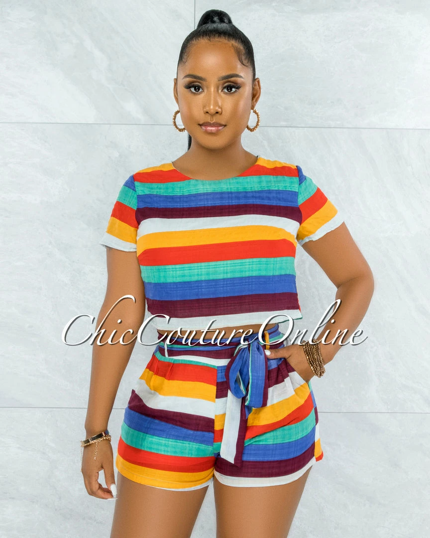 Vendor-unknown JUST IN Brice Multi-Color Stripes Crop Top & Shorts Set