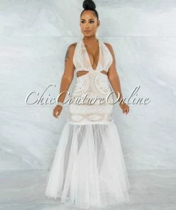 Vendor-unknown JUST IN Janeiro White Embroidery Nude Illusion Tulle Mermaid Dress