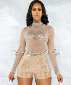 Vendor-unknown Gemma Nude Mesh Iridescent Rhinestones Romper