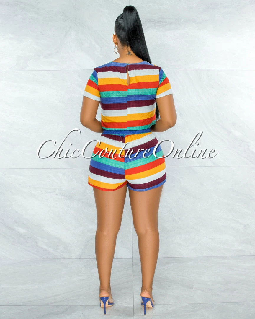 Vendor-unknown JUST IN Brice Multi-Color Stripes Crop Top & Shorts Set