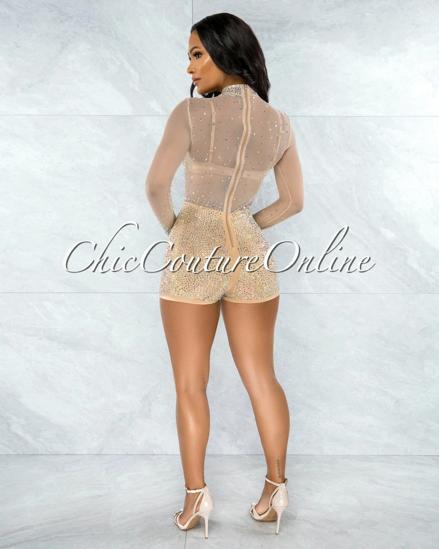 Vendor-unknown Gemma Nude Mesh Iridescent Rhinestones Romper