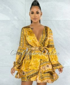 Vendor-unknown Dazea Gold Black Paisley Print Ruffle Skater Satin Dress
