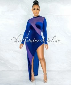Chic Couture Online JUST IN Serafina Royal Blue Velvet Sheer Mesh Side Slit Dress