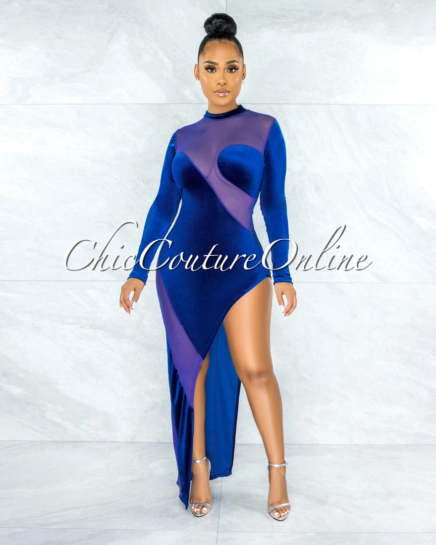 Chic Couture Online JUST IN Serafina Royal Blue Velvet Sheer Mesh Side Slit Dress