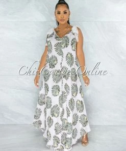 Vendor-unknown Molpe Pink Green Leaf Print Flare Legs LINEN Jumpsuit