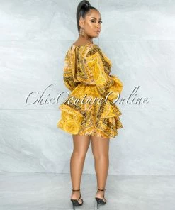 Vendor-unknown Dazea Gold Black Paisley Print Ruffle Skater Satin Dress