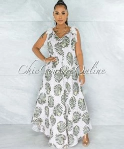 Vendor-unknown Molpe Pink Green Leaf Print Flare Legs LINEN Jumpsuit