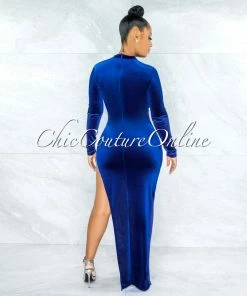 Chic Couture Online JUST IN Serafina Royal Blue Velvet Sheer Mesh Side Slit Dress