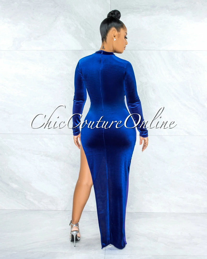 Chic Couture Online JUST IN Serafina Royal Blue Velvet Sheer Mesh Side Slit Dress