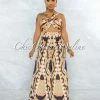 Vendor-unknown JUST IN Alston Brown Gold Print Multi-Way Top & Wide Legs Set