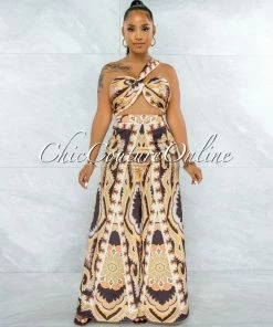 Vendor-unknown JUST IN Alston Brown Gold Print Multi-Way Top & Wide Legs Set