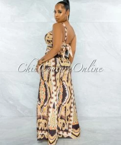 Vendor-unknown JUST IN Alston Brown Gold Print Multi-Way Top & Wide Legs Set