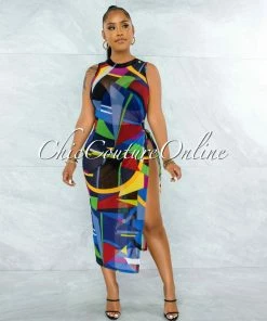 Vendor-unknown Brencis Blue Multi-Color Print Side Key-Hole Tie Mesh Dress