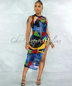 Vendor-unknown Brencis Blue Multi-Color Print Side Key-Hole Tie Mesh Dress