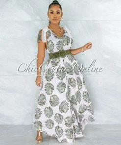 Vendor-unknown Molpe Pink Green Leaf Print Flare Legs LINEN Jumpsuit