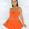 Vendor-unknown JUST IN Tiana Orange Lace-Up Ruffle Hem Bodysuit Mini Dress