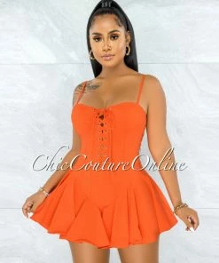 Vendor-unknown JUST IN Tiana Orange Lace-Up Ruffle Hem Bodysuit Mini Dress