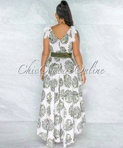 Vendor-unknown Molpe Pink Green Leaf Print Flare Legs LINEN Jumpsuit