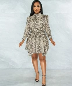 Vendor-unknown JUST IN Magaly Nude Snake Print Draped Ruffle Hem Dress