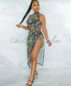 Vendor-unknown Nicosia Black Snake Print Side Key-Hole Tie Mesh Dress JUST IN