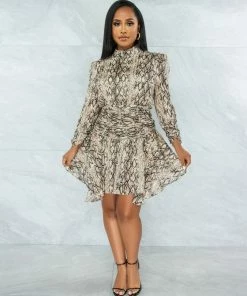 Vendor-unknown JUST IN Magaly Nude Snake Print Draped Ruffle Hem Dress