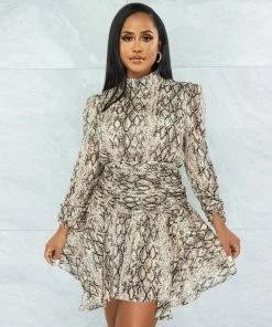 Vendor-unknown JUST IN Magaly Nude Snake Print Draped Ruffle Hem Dress