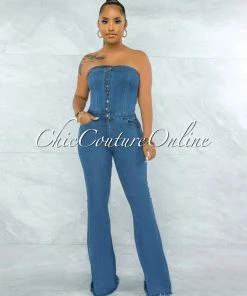 Vendor-unknown JUST IN Lenusy Medium Blue Denim Strapless Bell Legs Jumpsuit
