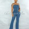 Vendor-unknown JUST IN Lenusy Medium Blue Denim Strapless Bell Legs Jumpsuit