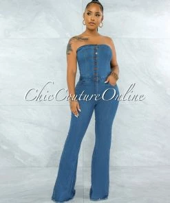 Vendor-unknown JUST IN Lenusy Medium Blue Denim Strapless Bell Legs Jumpsuit