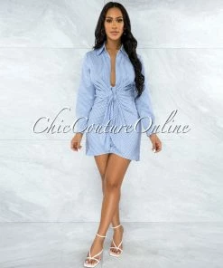 Vendor-unknown Mutia Blue White Stripes Draped Front Tie Shirt Dress