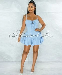 Vendor-unknown Tiana Baby Blue Lace-Up Ruffle Hem Bodysuit Mini Dress