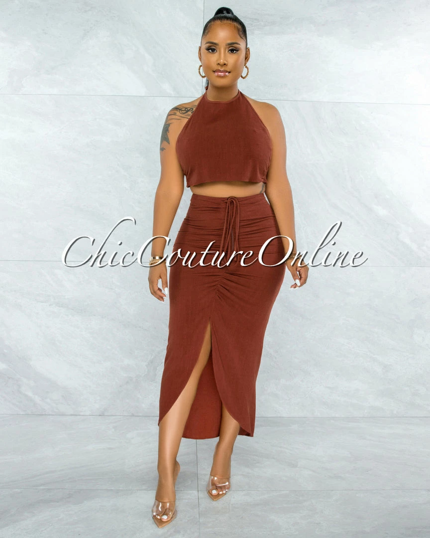 Vendor-unknown JUST IN Juana Rust Halter Crop Top & Ruched Skirt Set