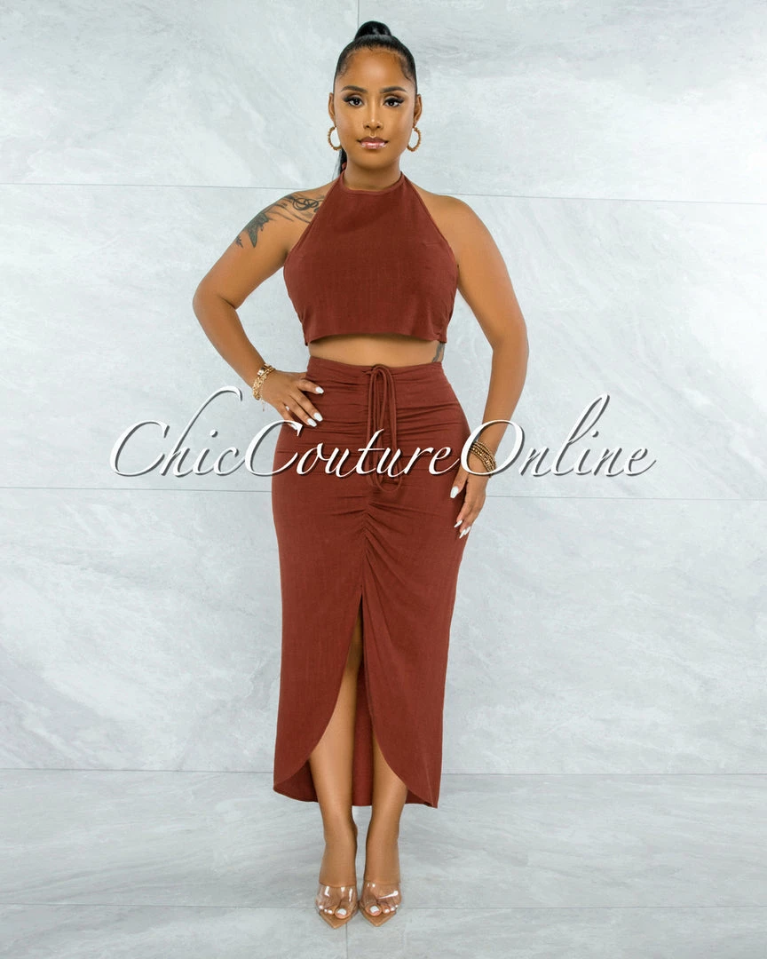 Vendor-unknown JUST IN Juana Rust Halter Crop Top & Ruched Skirt Set