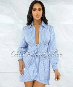 Vendor-unknown Mutia Blue White Stripes Draped Front Tie Shirt Dress