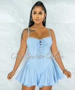 Vendor-unknown Tiana Baby Blue Lace-Up Ruffle Hem Bodysuit Mini Dress