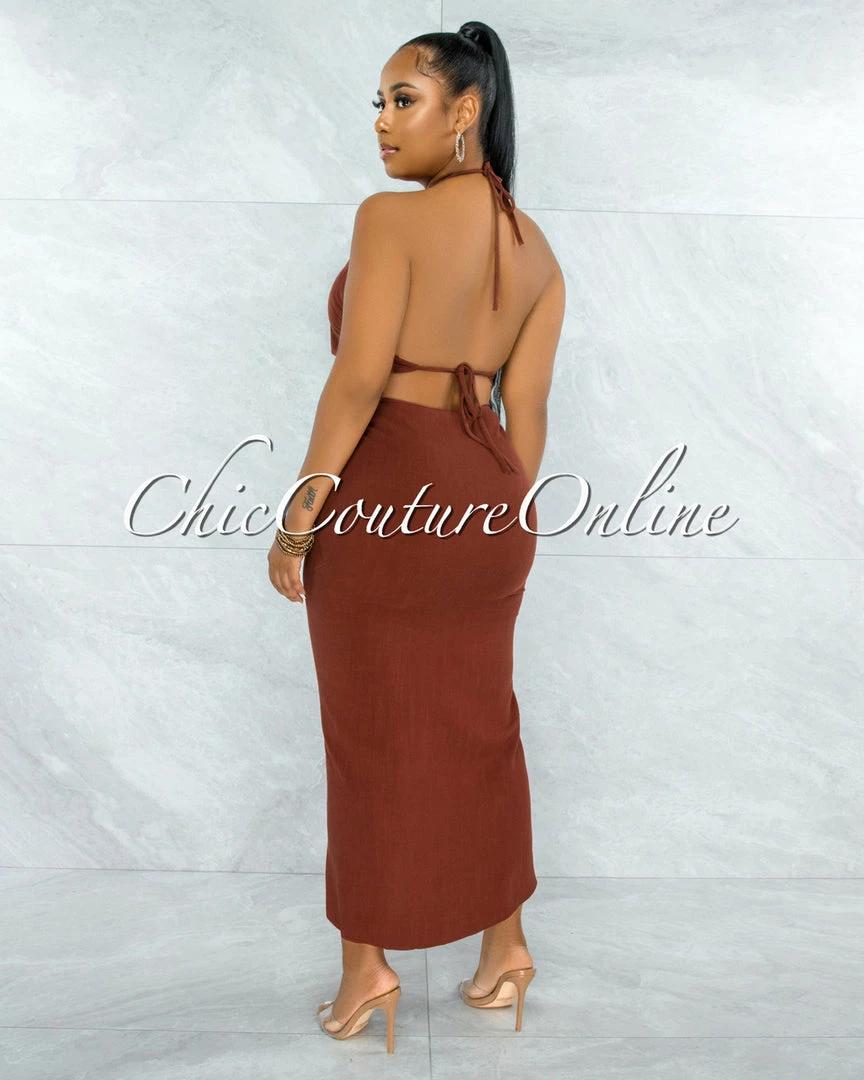 Vendor-unknown JUST IN Juana Rust Halter Crop Top & Ruched Skirt Set