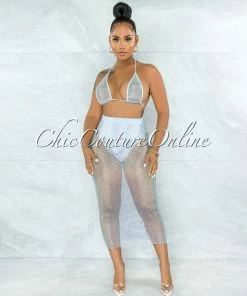 Vendor-unknown Mitzi Baby Blue Iridescent Rhinestones Cover-Up Fishnet Set SWIM