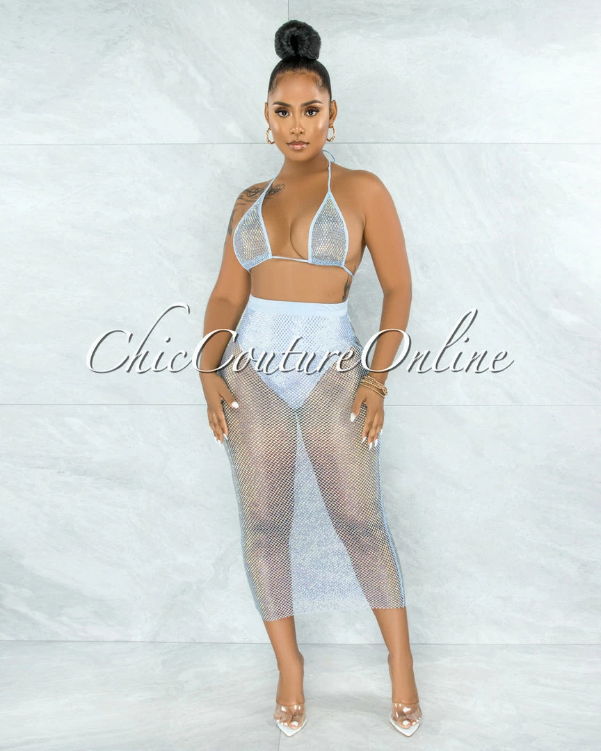 Vendor-unknown Mitzi Baby Blue Iridescent Rhinestones Cover-Up Fishnet Set SWIM