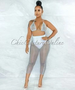 Vendor-unknown Mitzi Baby Blue Iridescent Rhinestones Cover-Up Fishnet Set SWIM