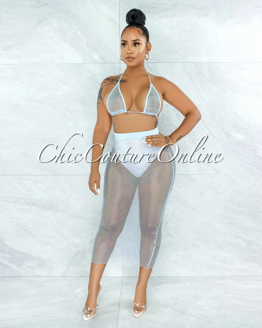 Vendor-unknown Mitzi Baby Blue Iridescent Rhinestones Cover-Up Fishnet Set SWIM